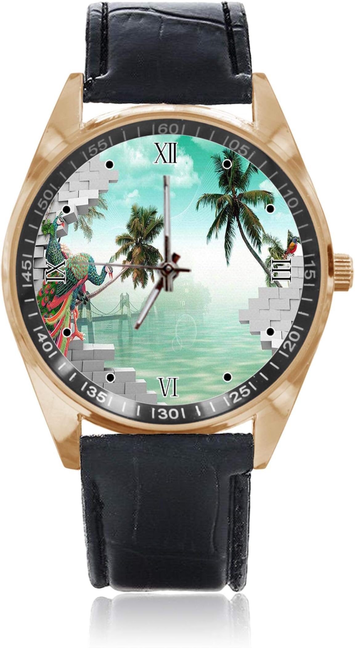 Choeter Peacock With Abstract Brick Wall Custom Personalized Mens Womens Watch Waterproof Stainless Steel Quartz Wrist Watches with Replaceable Leather Band