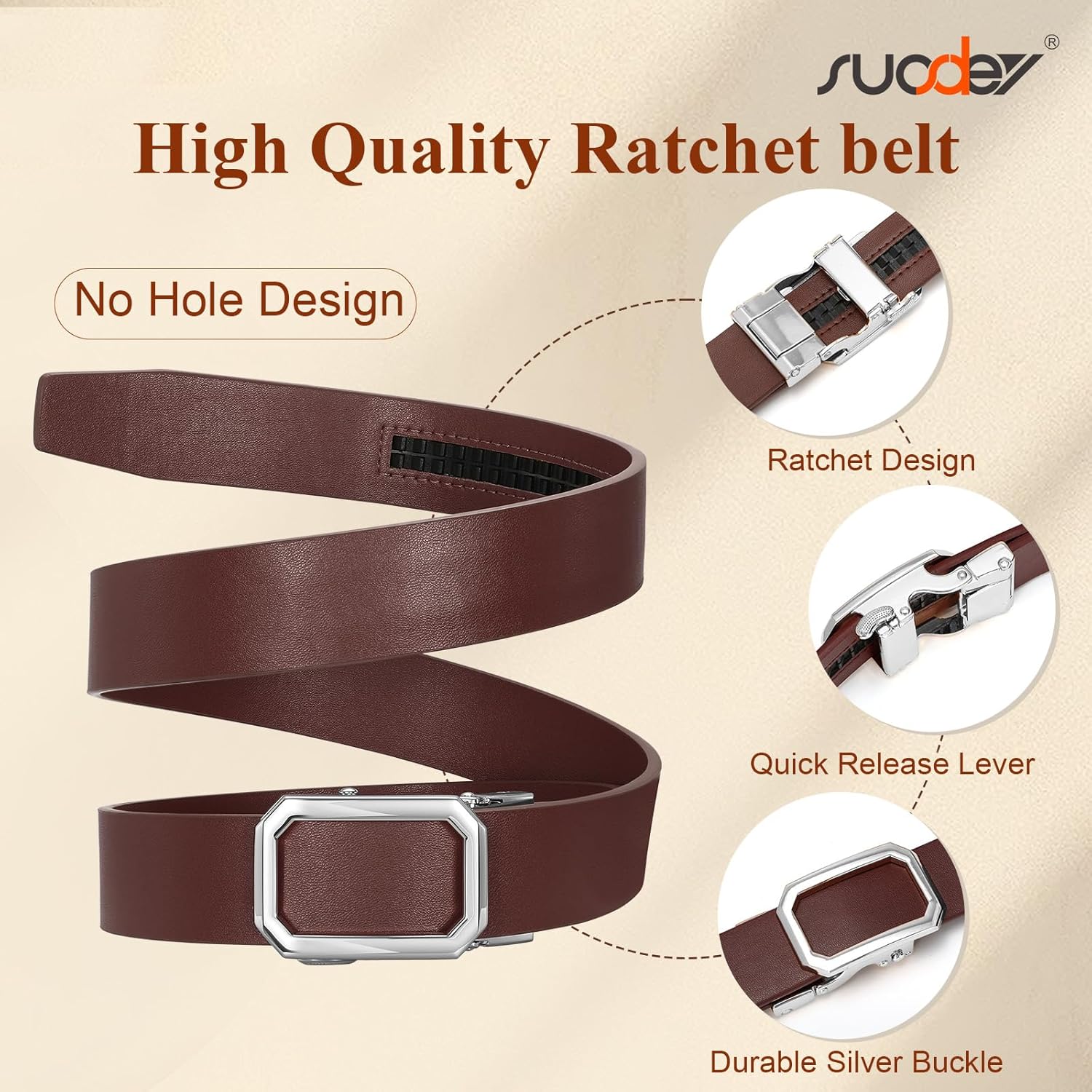 SUOSDEY Women Leather Ratchet Belt for Jeans Pants with Automatic Sliding Buckle, Adjustable Belt for Ladies, Width 1.2" - Image 2