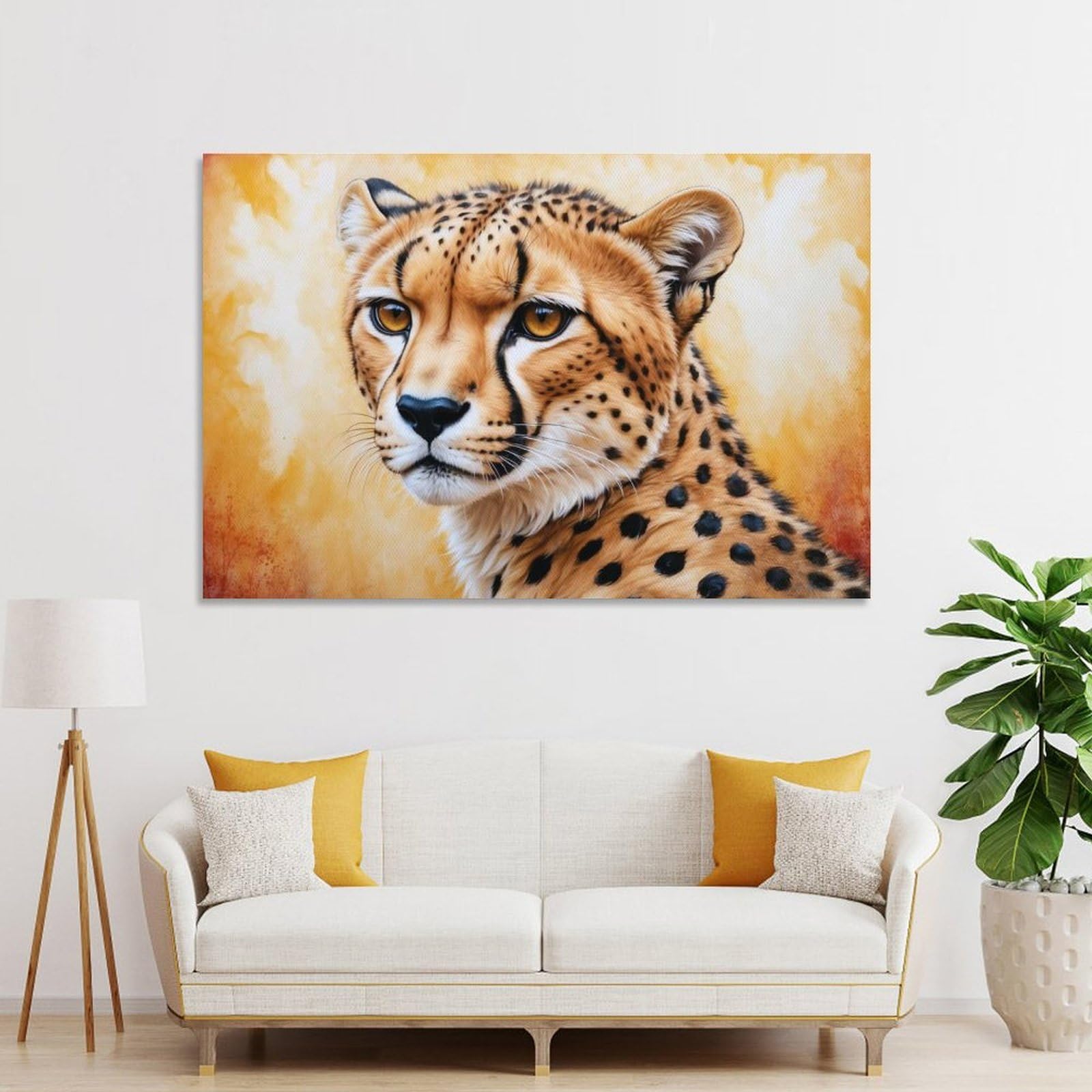 Junmoney Cheetah Portrait with Golden Background Decorative Wall Artwork 24x36inch(60x90cm), for Front Hall, Corridor Or Welcome Spaces, Decorative Wall Art for Narrow Spaces