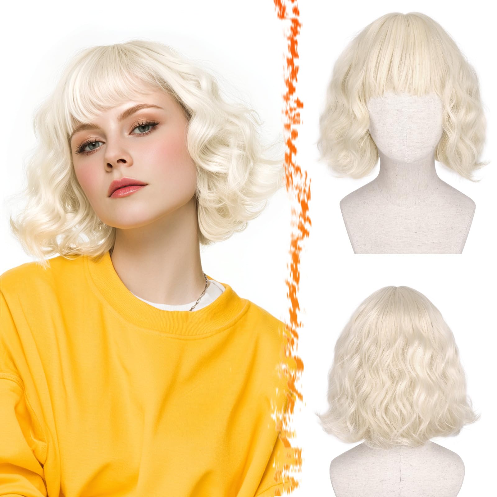 BARSDAR Short Wavy Platinum Blonde French Bob Wig with Bangs, 12in, Synthetic