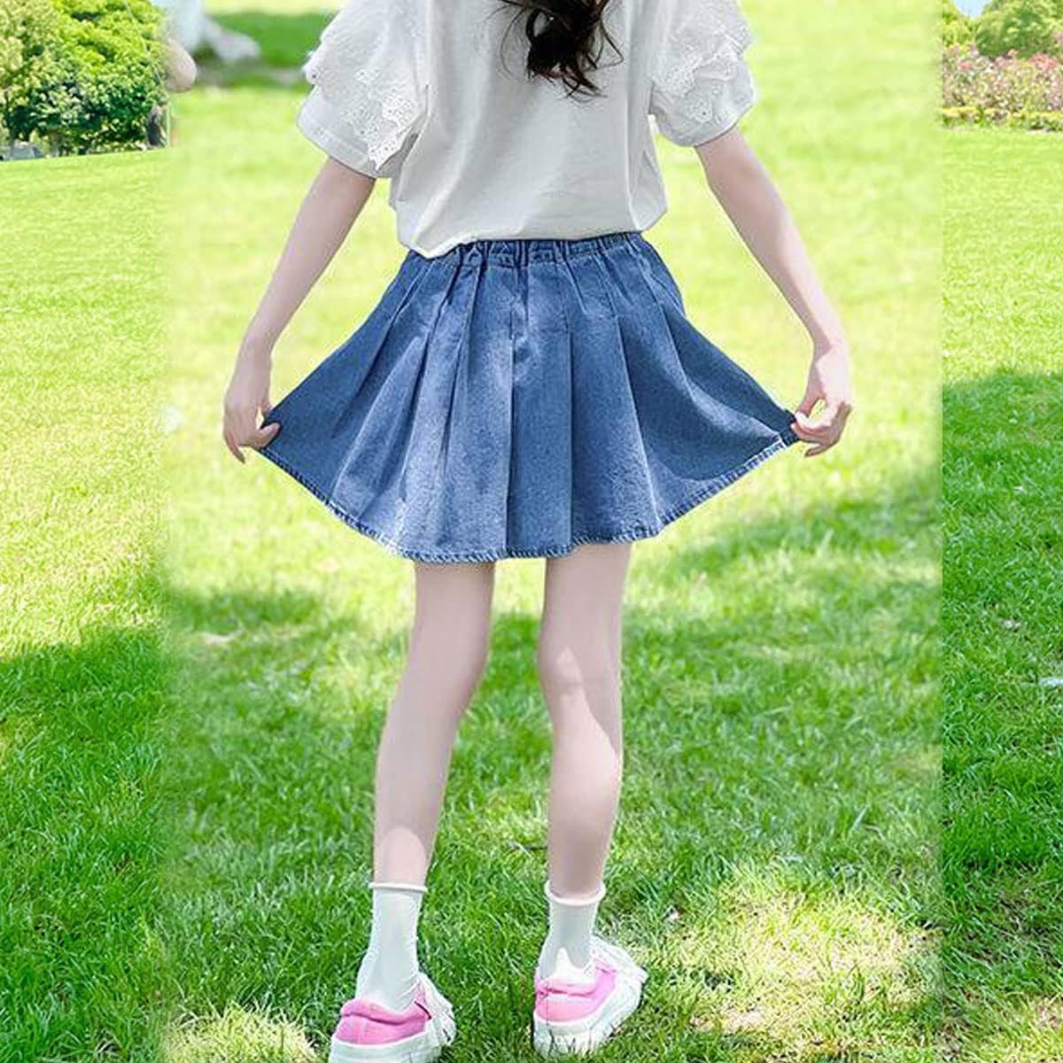 3-13 Years Skirts for Teen Girls Blue Elastic High Waist A Line Pleated Denim Skirt - Image 3