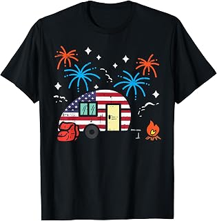 Camping Trailer US Flag Patriotic RV Camper Men Women Kids T-Shirt