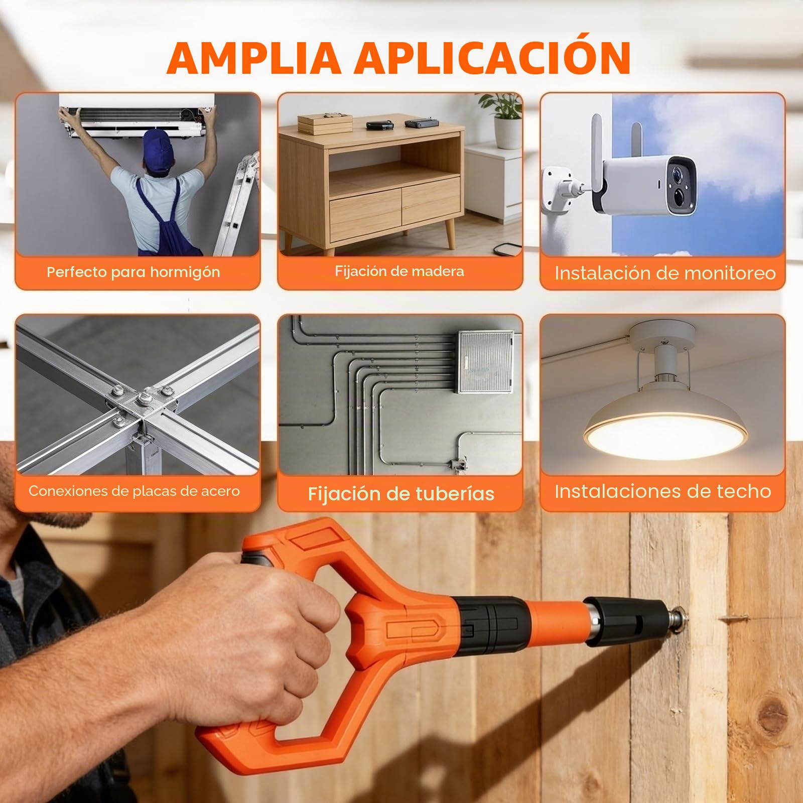 Clavadora Manual para Hormigón, Pistola de Clavos de Acero Portátil con 100 Clavos, Maletín, Gafas, Guantes, Tapones, 5 Niveles, para Fijación en Pared, Techo, Cemento, Ladrillo, Metal