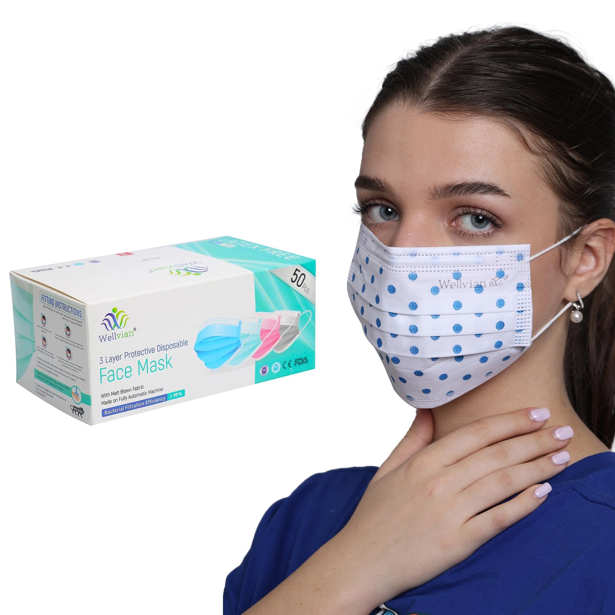 Wellvian Adult Mask Disposable Face Mask Meltblown Mask Surgical Face Mask With Nose Pin & Latex Free Ear Loops Bfe = 99% Colour : Polka Dot Blue Pack Of 50 Pcs (B0CKWBM3N6) Amazon Price History, Amazon Price Tracker