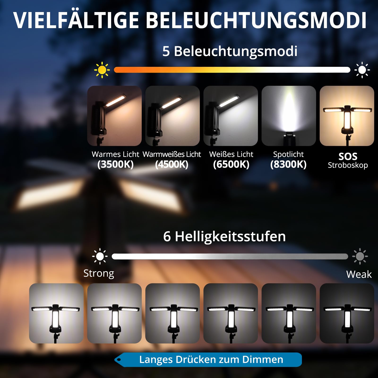 AUTOUTLET LED Campinglampe 16000mAh, 1,77M Baustrahler mit Stativ, 4000LM 4 Verstellbare Panels Campinglampe, 5 Lichtmodi, Dimmbar,Magnet & Haken,IP66 Wasserdicht Arbeitsleuchte für Werkstatt Outdoor