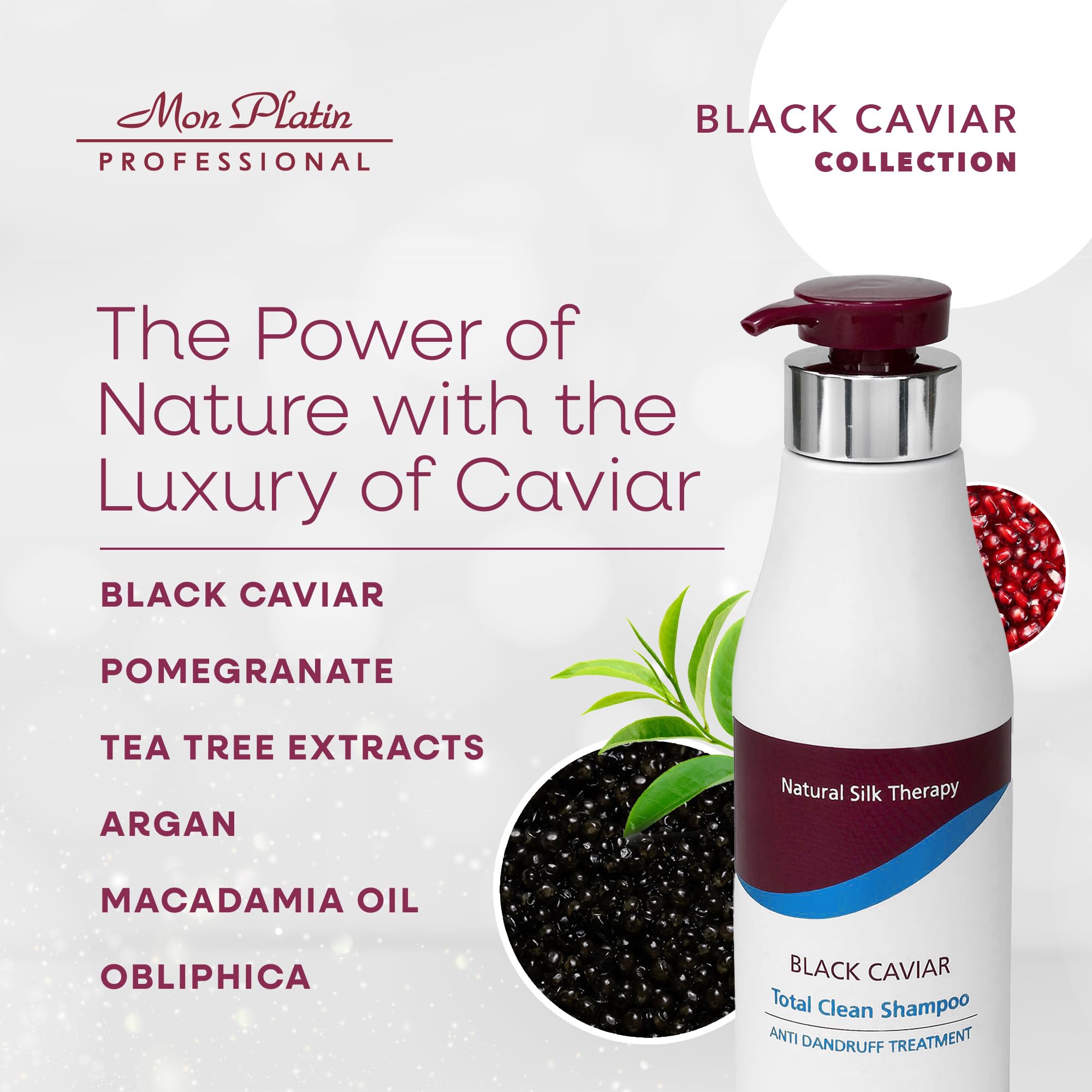 Total Clean Shampooing antipelliculaire enrichi en caviar noir, shampooing pour pellicules, shampooing pour cuir chevelu sec, combat les pellicules, restaure brillance et équilibre, à l'argan + arbre