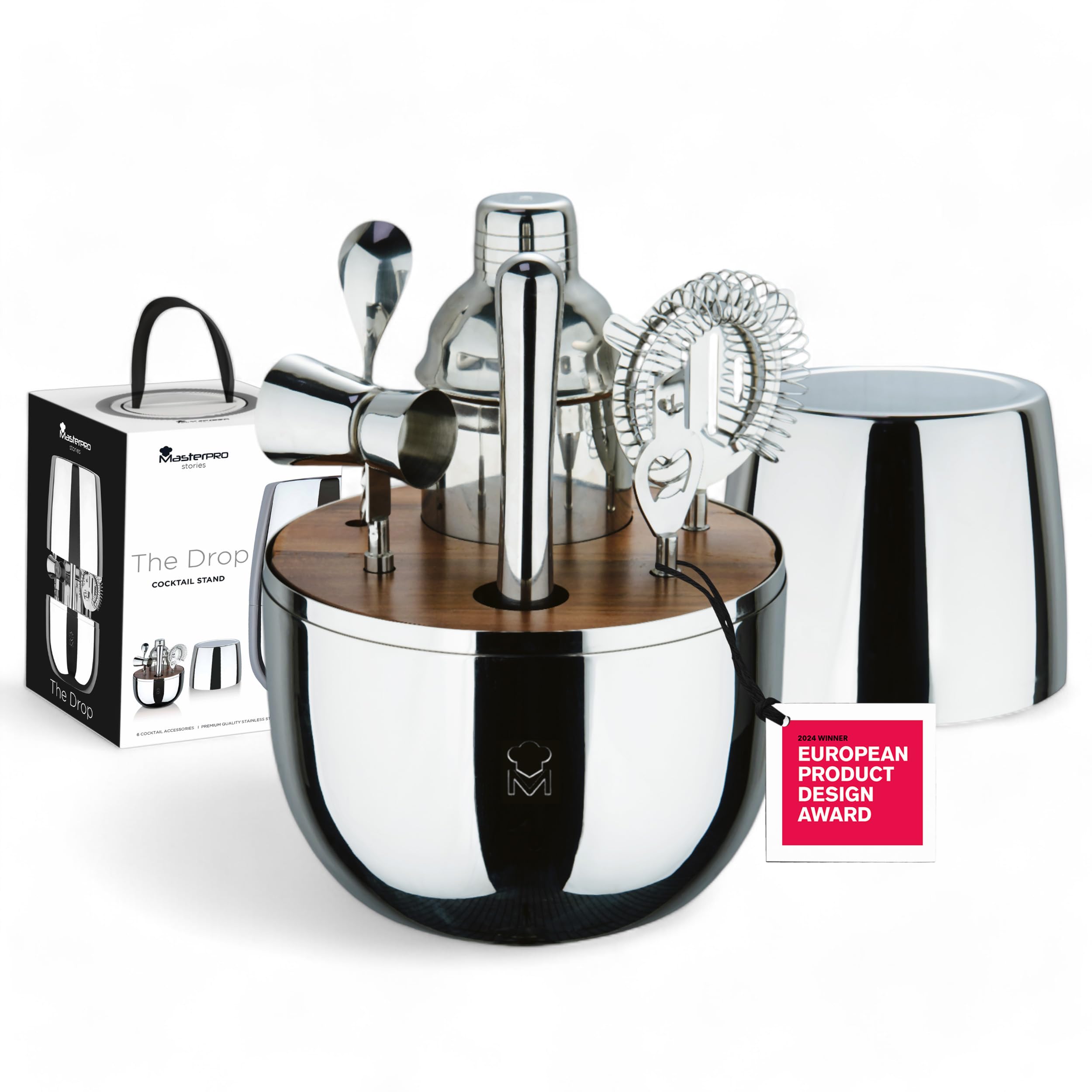 MasterPRO The Drop - Juego de 6 Piezas de Cóctel Acero INOX - Incluye Colador, Abrebotellas, Cuchara Larga, Coctelera, Jigger, Triturador - Elegante y Profesional