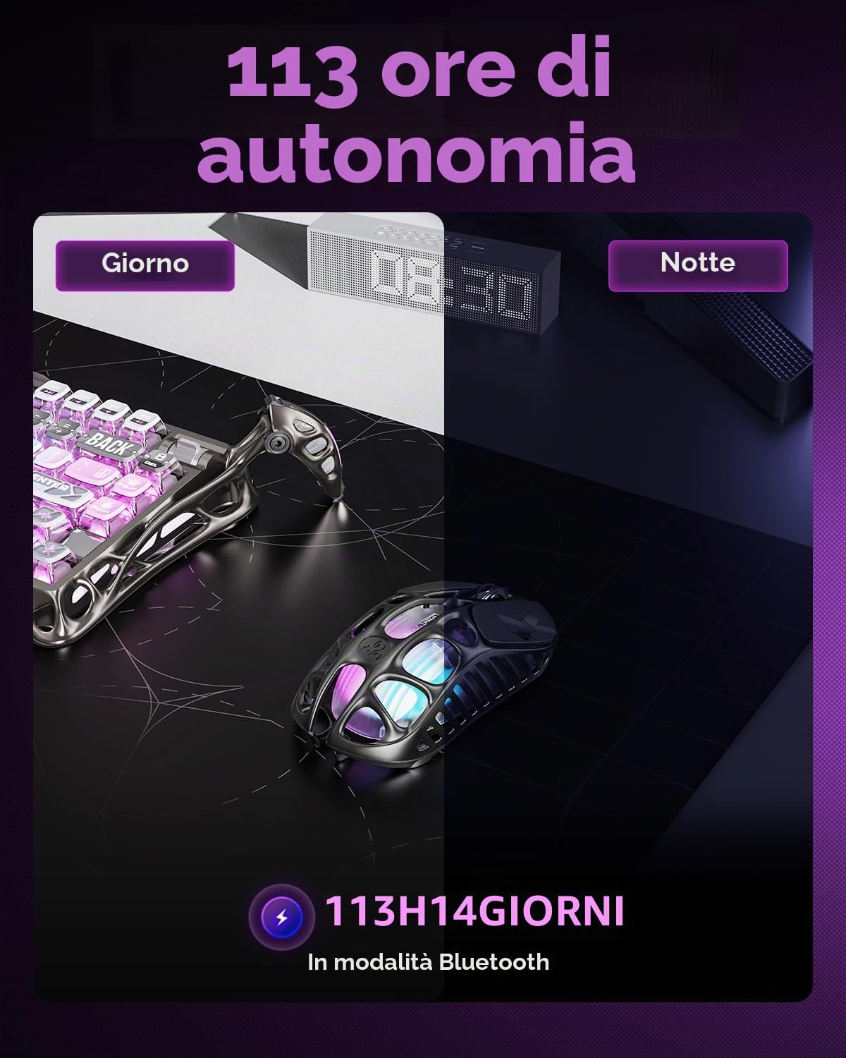 GravaStar Mouse da gioco wireless Mercury X Pro, dotato di dongle 8K, sensore PAW 3950 da 32.000 DPI, frequenza di polling di 8.000 Hz, solo 49 g, telaio cavo in lega di magnesio, illuminazione RGB, 5