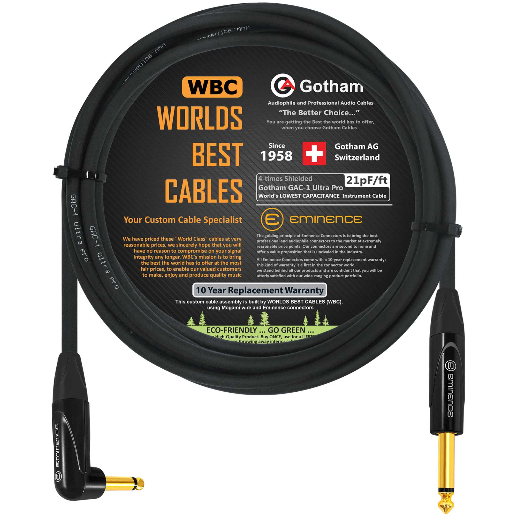 15 Foot - Gotham GAC-1 Ultra Pro - Premium, Low-Capacitance Guitar Bass Instrument Cable - with Straight to Angled 1/4 Inch Eminence Gold Plated Connectors