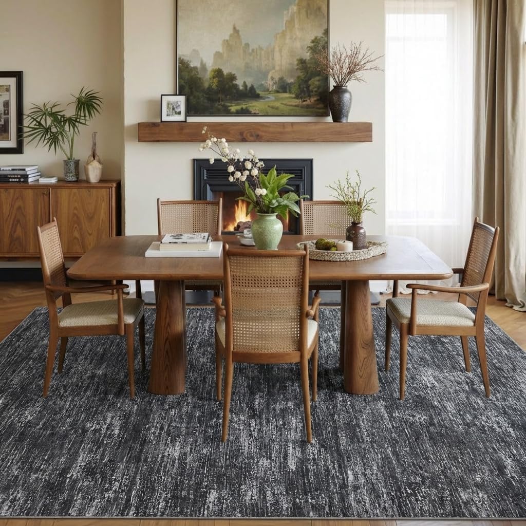 GarveeHome 8x10 Large Living Room Rug Machine Washable Area Rugs for Bedroom, Modern Solid Color Rugs with Rubber Backing, Stain Resistant Low Pile Neutral Mats for Bedroom, Dining Room, Dark Grey