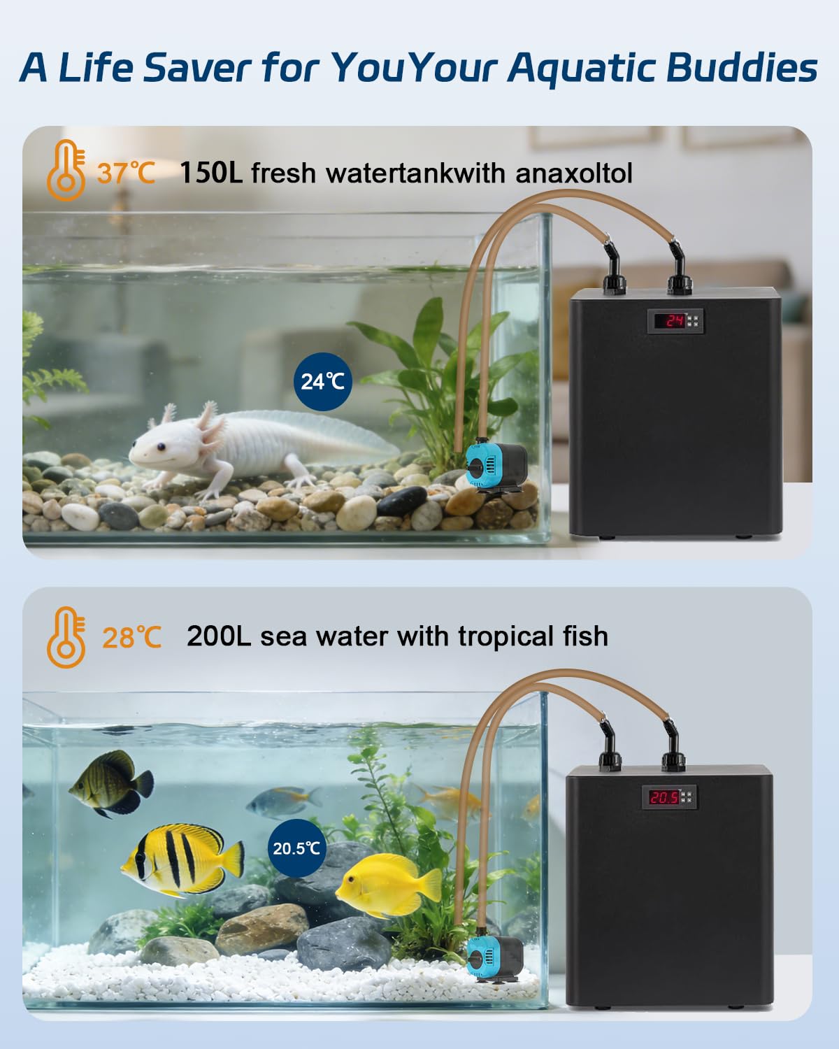 BAOSHISHAN Refroidisseur d'aquarium 300 L, 600 W | Système de refroidissement de bac à poissons pour axolotls/coraux/hydroponie intérieure, eau douce et eau de mer