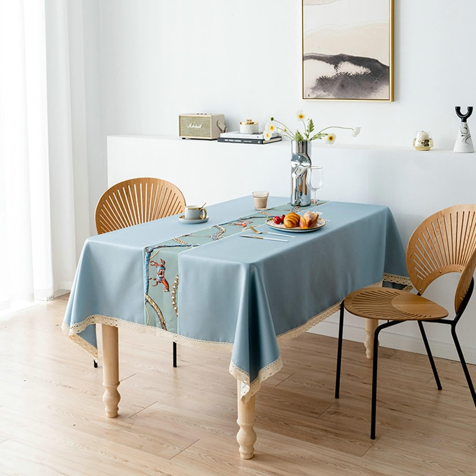 Mantel vintage, mantel de cocina azul, 150 x 250 cm, caballo bordado con borde de encaje de poliéster