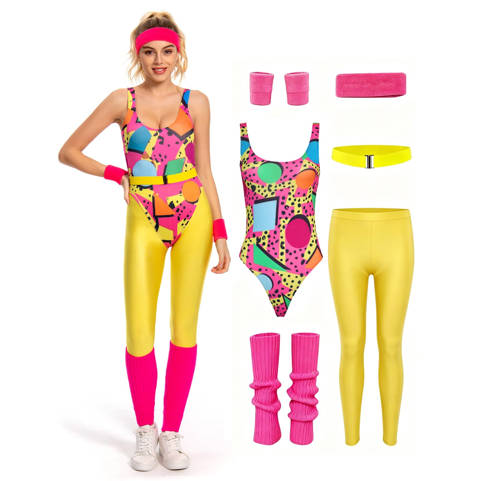 Set da 6 pezzi, anni '80, costume da fitness da donna, colorato, tuta da yoga, stile retrò