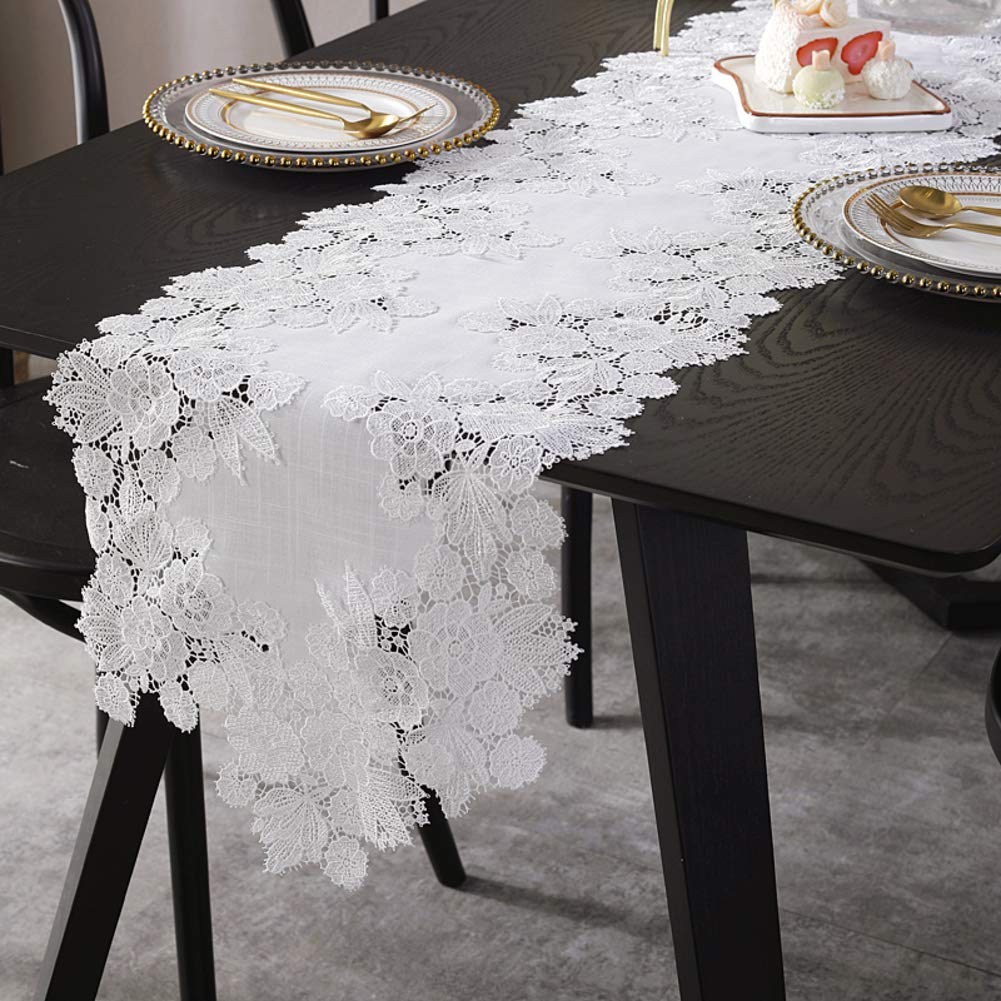 Boho makrama koronkowy bieżnik na stół na weselne stoły obiadowe prosty i elegancki design lniany kwiat haftowany biały 35 x 270 cm