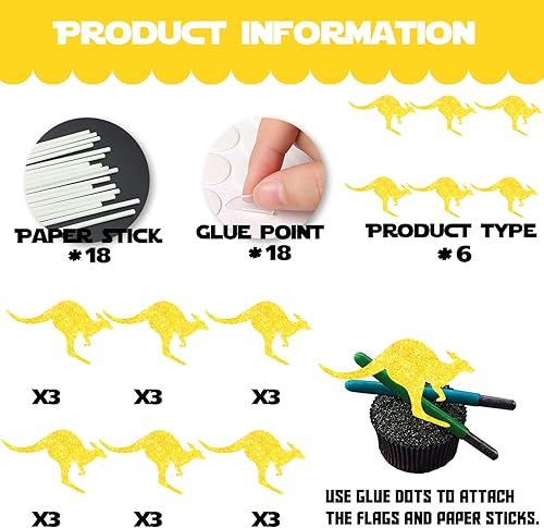 Miniatura 4 de 18 piezas de decoración de postre de canguro con purpurina dorada para decoración temática de animales, suministros de decoración de baby shower,