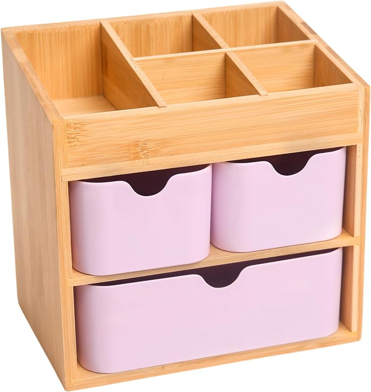 Organizador de maquiagem de bambu com 3 gavetas rosa