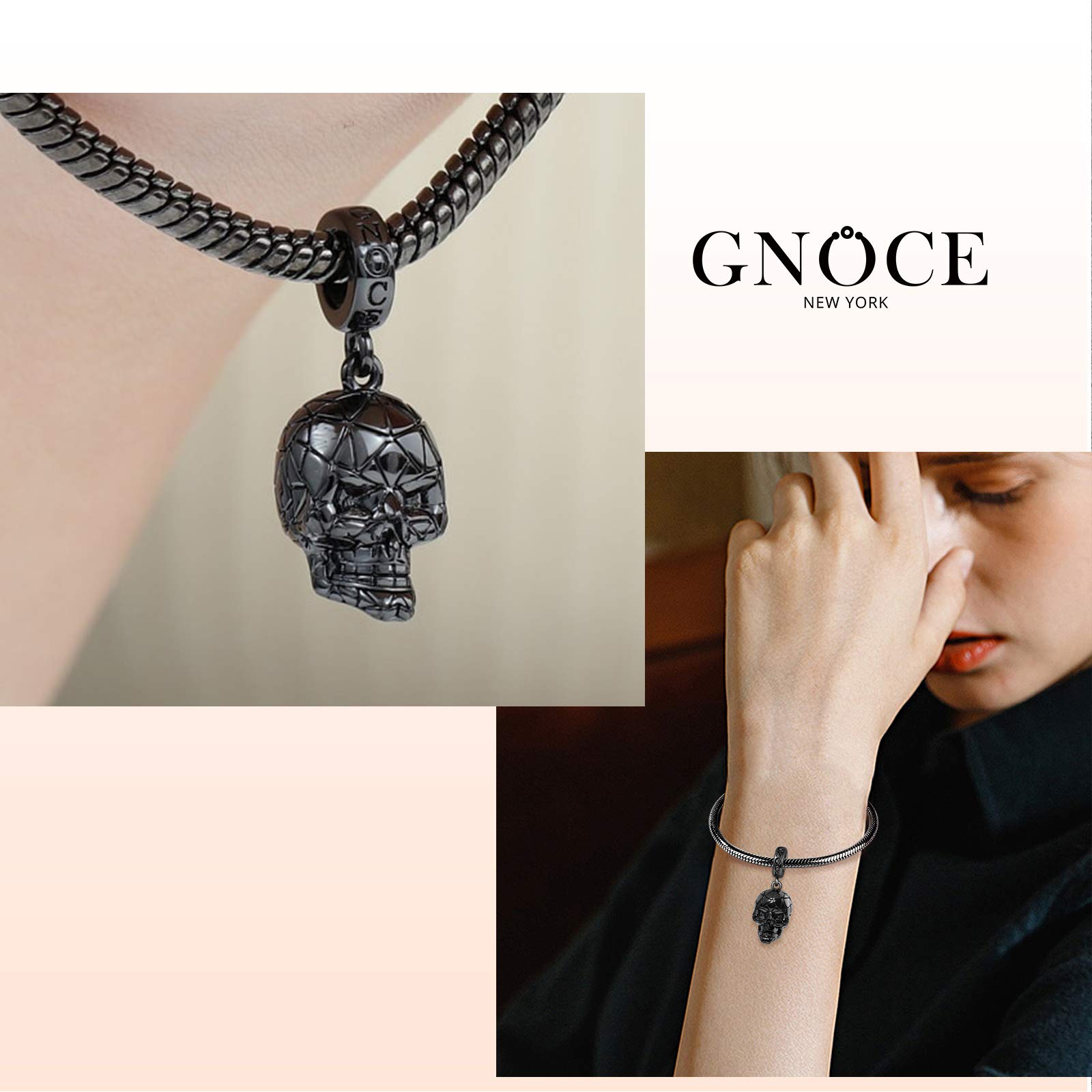 GNOCE Ciondolo Teschio Nero Argento Sterling Placcato Nero Perline Teschio Orrore Braccialetto/Collana Adatto Per Donna Uomo