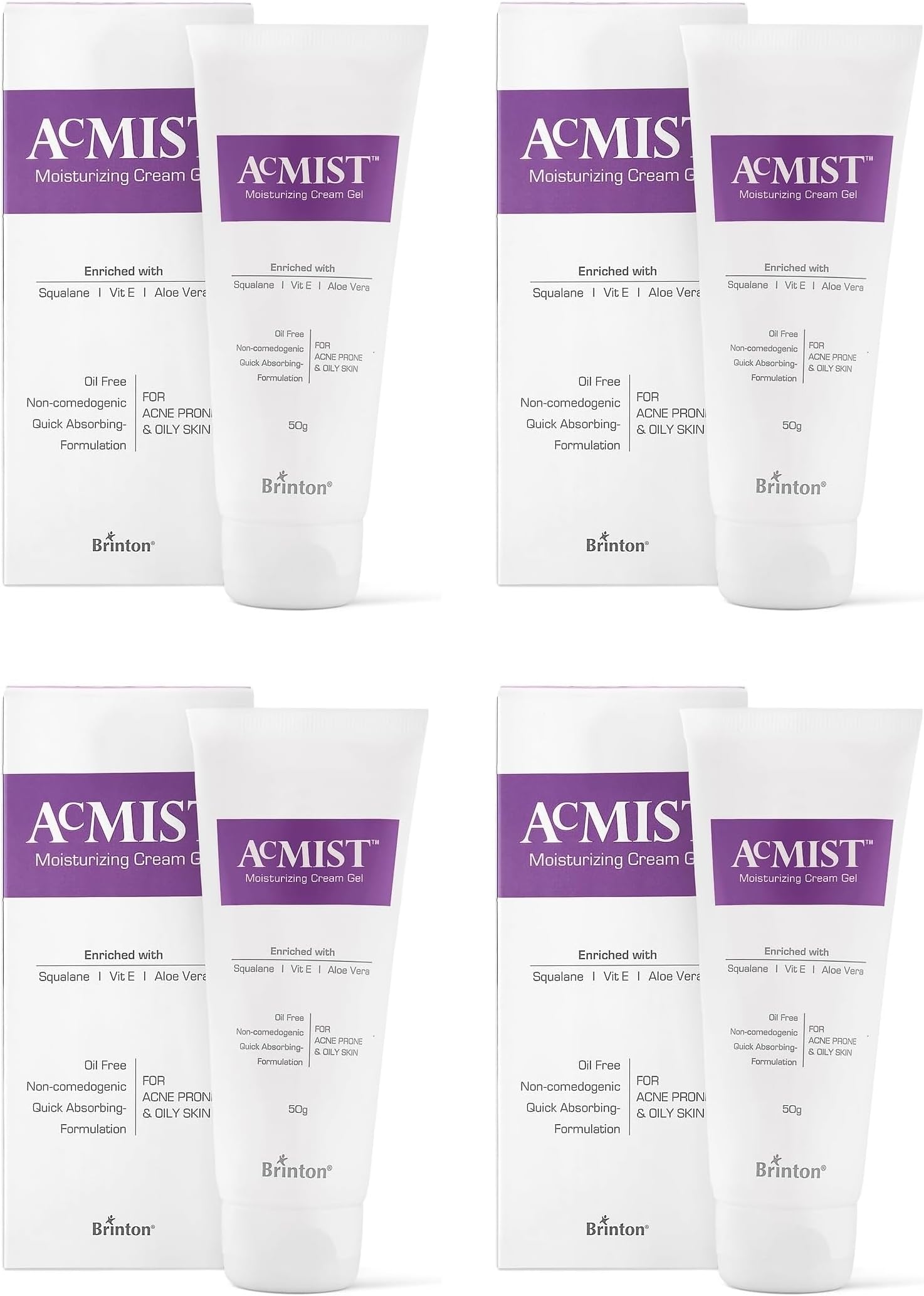 Brinton AcMist Vitamin E & Aloe Vera Based Moisturizing Cream Gel for Acne Prone and Oily Skin | Oil Free, Quick Absorbing & Lightweight | 50 g x Pack of 4