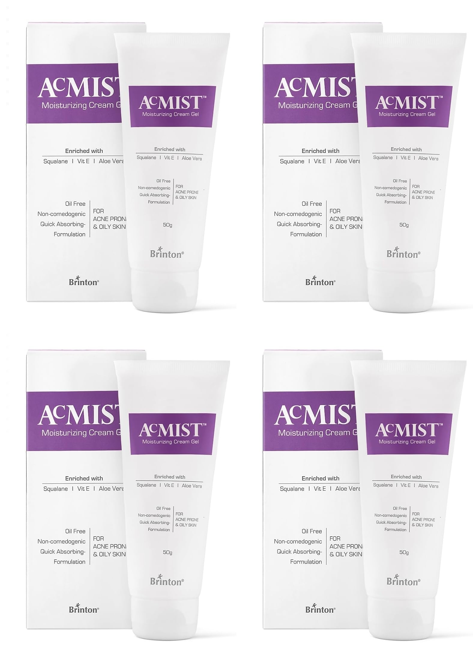 Brinton AcMist Vitamin E & Aloe Vera Based Moisturizing Cream Gel for Acne Prone and Oily Skin | Oil Free, Quick Absorbing & Lightweight | 50 g x Pack of 4