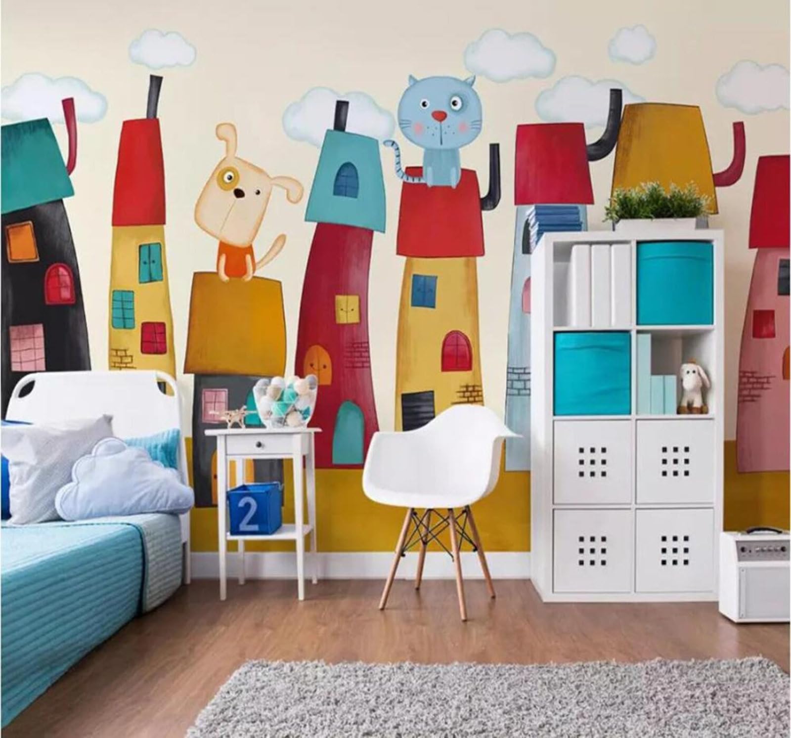 Tzxztt 350Cm×256Cm(B×H) Cartoon Colourful Hand Drawn Abstract House Kitten Modern 3D Wallpaper Premium Textured Silk Neutral Tones Material Ideal For Living Room Bedroom-350Cm×256Cm