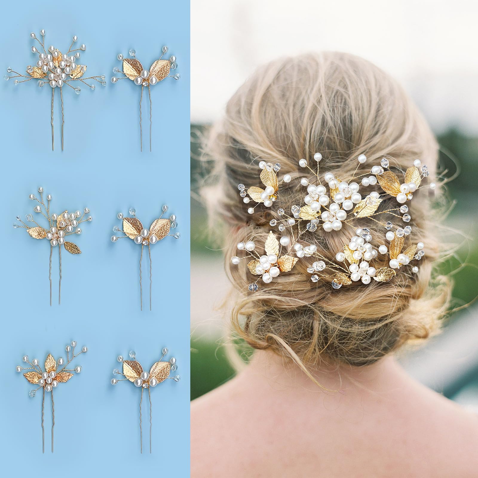 6 Pack Pearl Bridal Wedding Hair Styling Pins Leaf Style Bridal Head Pieces U Shape Rhinestone Flower Hair Accessories for Women and Girls (Gold)