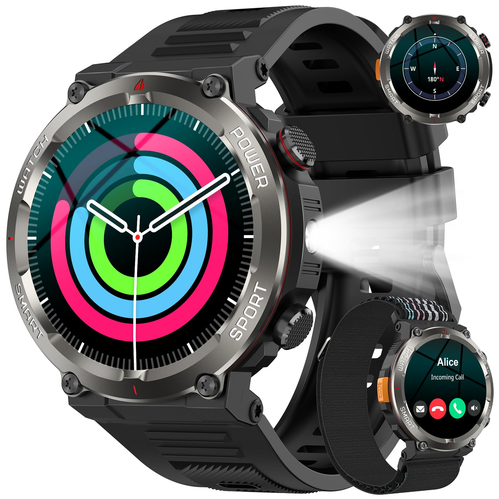 Militär Smartwatch Herren, Outdooruhr mit 100 Tage Akku/Bluetooth-Anrufe/Kompass/Taschenlampe/Puls-SpO2-Schlaf-Monitor/100+ Sportmodi Fitness-Tracker/Schrittzähler/2 Armbänder/IP68, für iOS Android