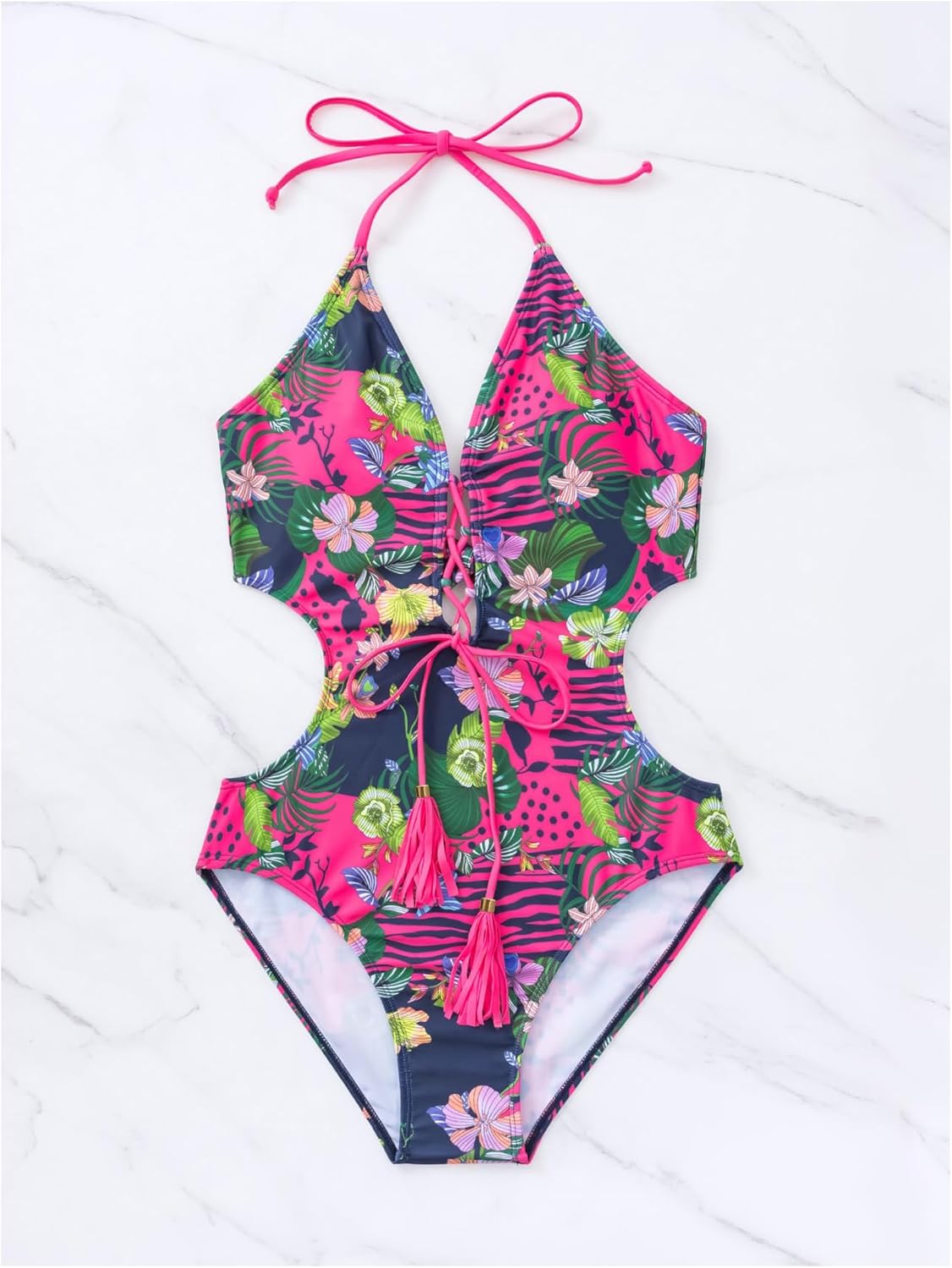 OYOANGLE Women's Tropical Lace Up Cut Out Monokini Swimsuit Tie Backless Halter One Piece Swimwear - Image 5