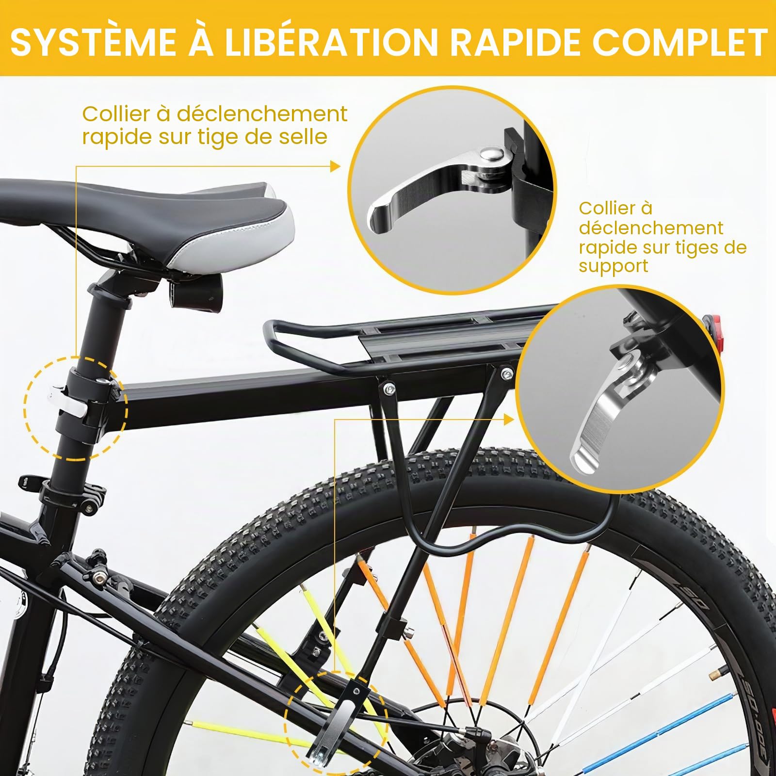 Vélo Porte Bagage, Porte Bagage VTT arrière réglable, Porte Bagage vélo arrière Alliage d'aluminium avec Garde-Boue et réflecteur, dégagement et assemblage Rapides pour VTT de 24 à 29 Pouces