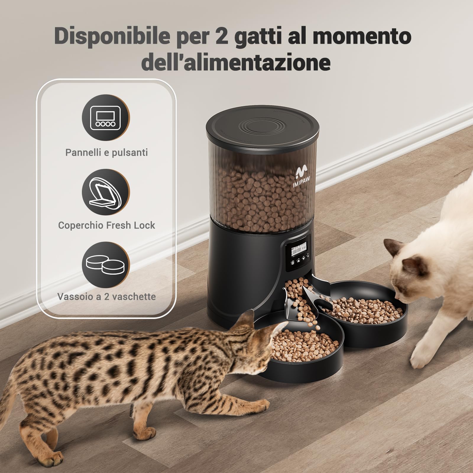 IMIPAW Distributore Automatico Cibo Gatti Con 2 Ciotole, 4L