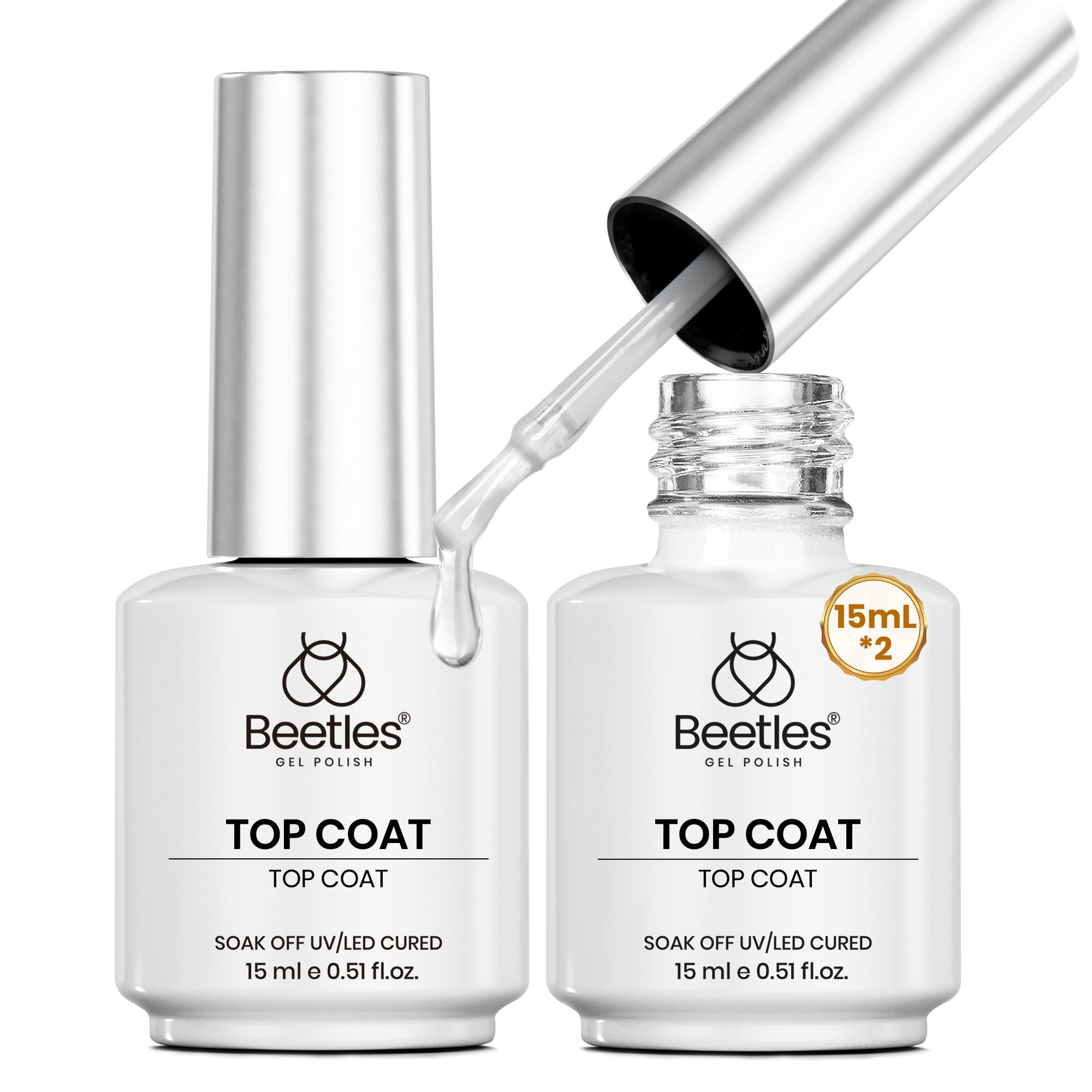 Beetles Gel Top Coat Set 2Pcs 15ml Top Coat Gel Nail Polish No Wipe Long Lasting Shining Glossy