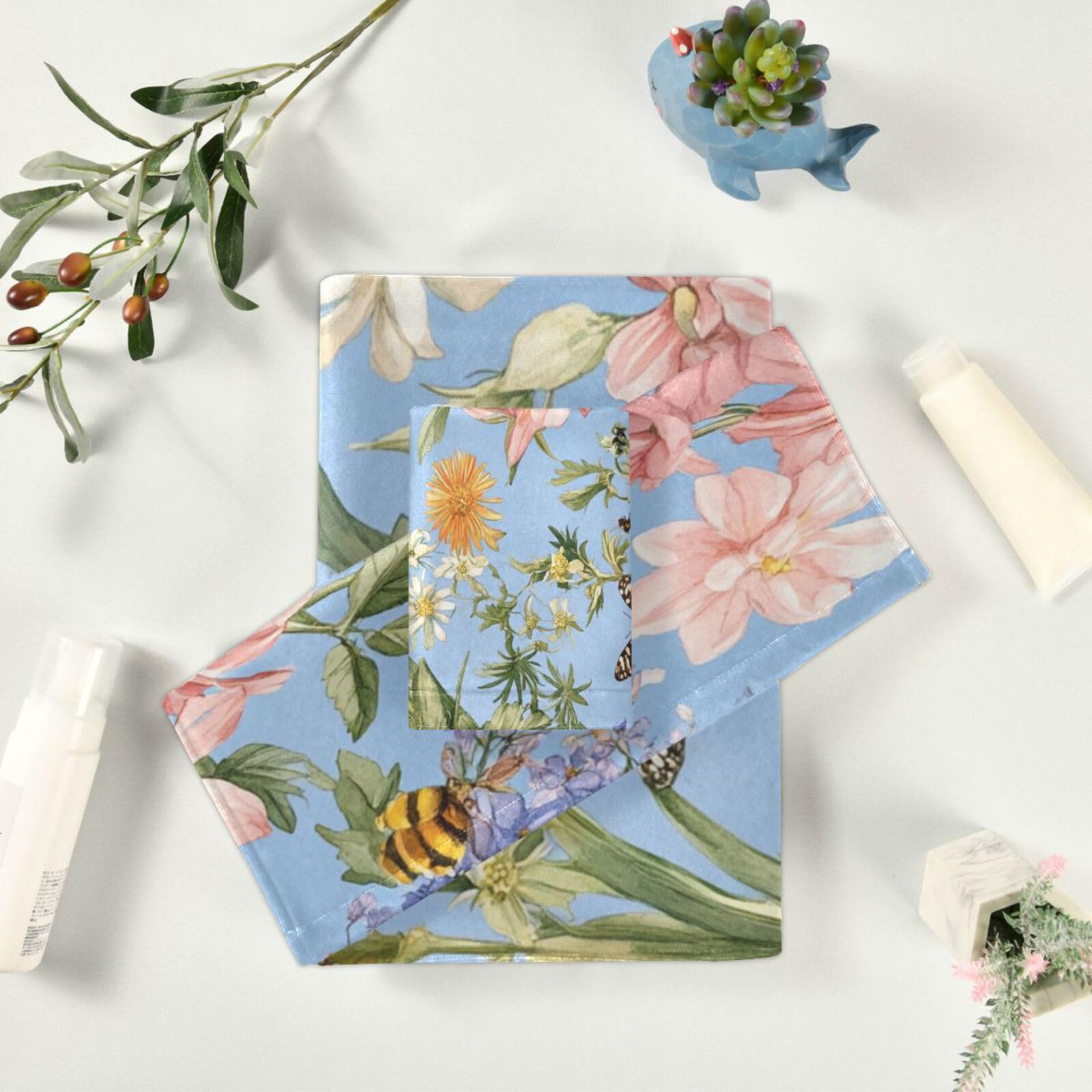 Fiori d'Autunno Giacinti Bellflower Farfalle Api Blu _ 1 Set di 3 Asciugamani Decorativi Viso Set 3 Pezzi, 1 Asciugamano da Bagno 1 Asciugamano 1 Asciugamano per Cucina Bagno Yoga Palestra