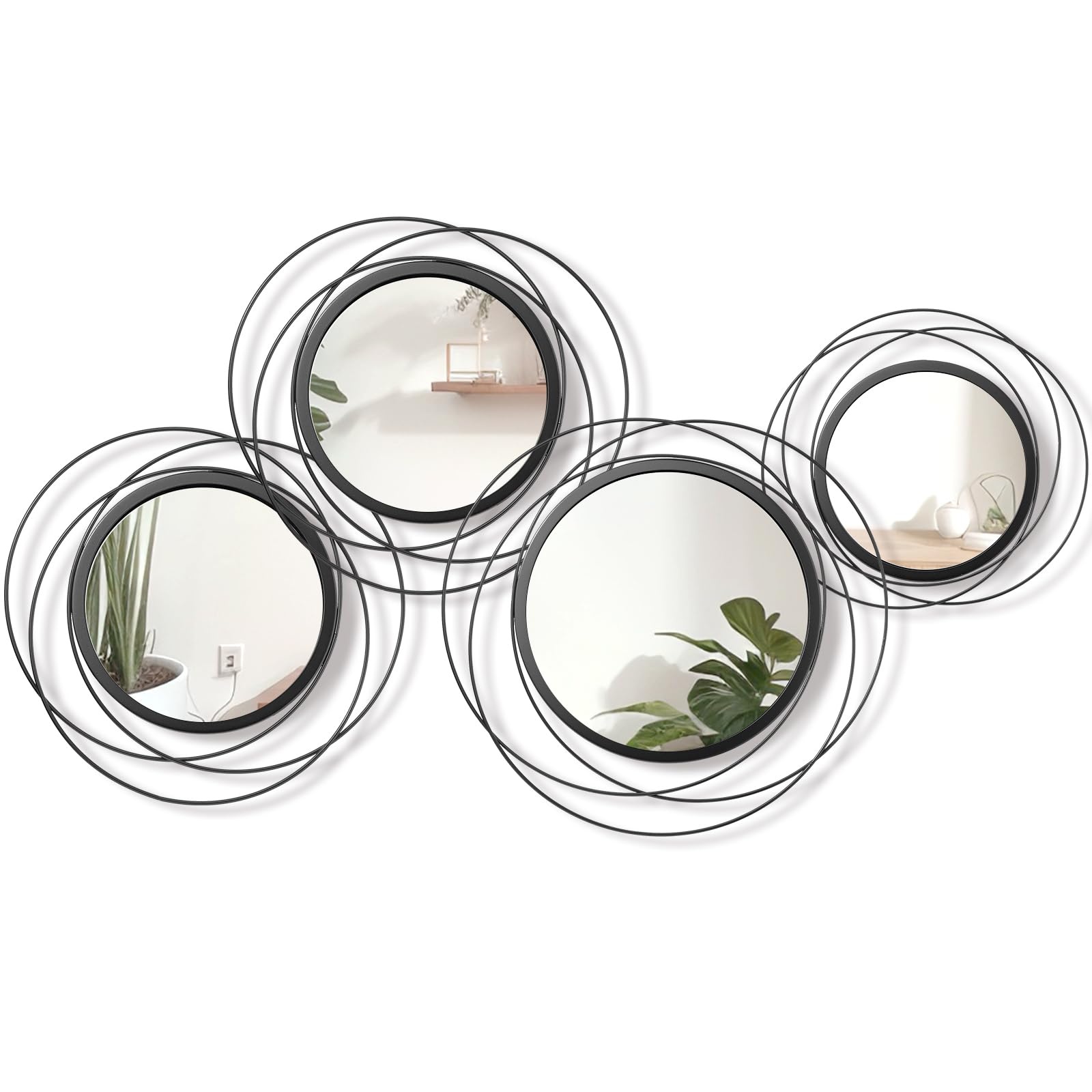 Hicarer 4 Pcs Decorative Wall Mirror Round Modern Mirror Circle Mirror Wall Art Ring Metal Mirror Wall Decor Wall Mounted Mirror for Bedroom Living Room Entryway Dining Room Hallway (Black)