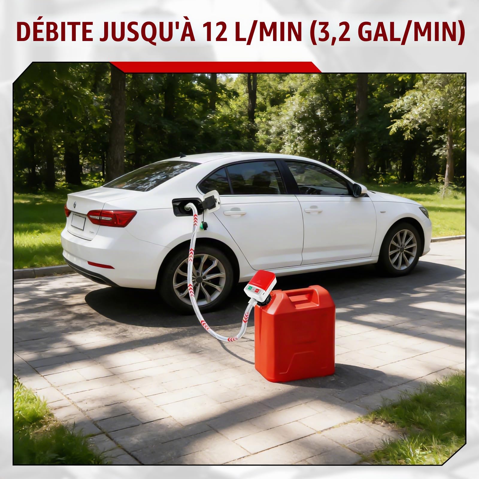 Pompe Électrique pour Carburant avec Stop Automatique, 3,2 GPM (12 L/min) Adaptateur 4 Tailles | Tuyau 1.3m pour Essence, Gaz, Diesel | Fonctionnement via USB