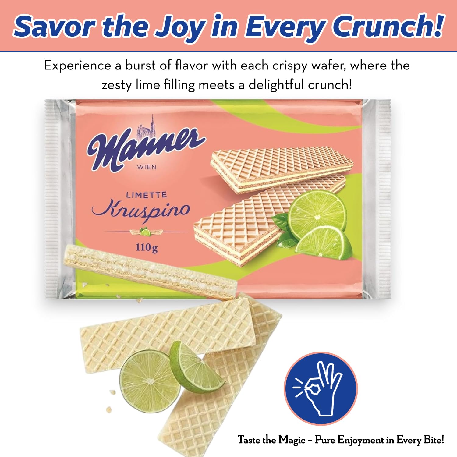 Manner Original Knuspino Lime 110g - Crispy Wafers with Zesty Lime Cream Filling for a Refreshing Snack - Snack with Natural Ingredients for Busy