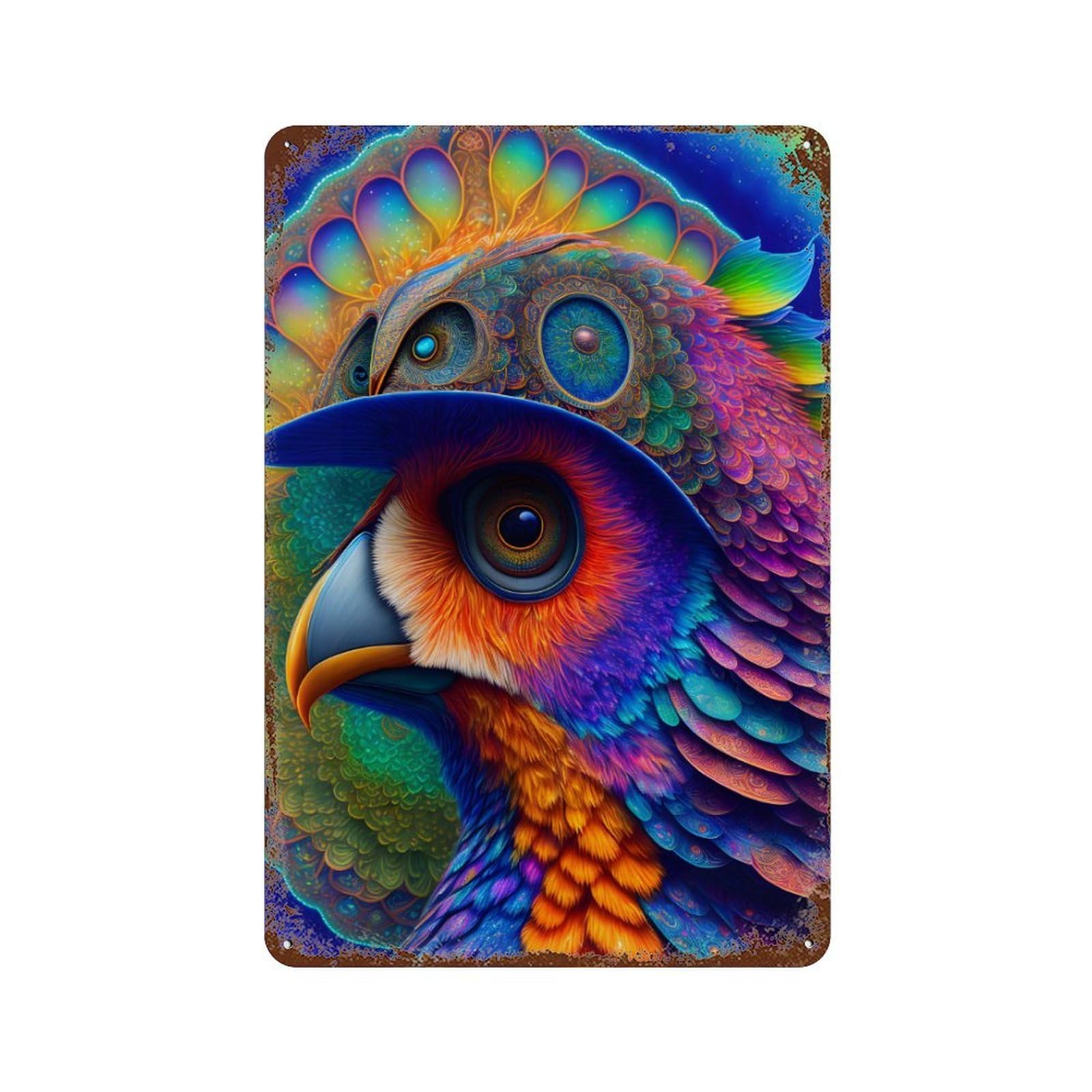 Colorful Fantasy Bird Art 11.8"x7.9" Weathered Tin Sign, Shabby Chic Decor for Farmhouse, Kitchen And Entryway Decor