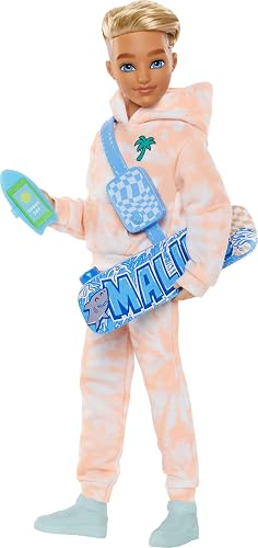 Barbie Dream Besties Ken Doll, Articulated Doll with Removable Outfit and Blonde Hair, 9 Elements Summer and Skateboard Theme, JDD75
