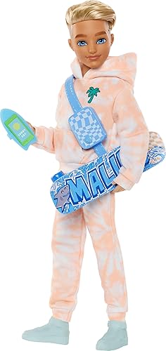 Barbie Dream Besties Doll and Accessories, Ken Posable Fashion Doll with Removable Fashions & Blonde Hair, 9 Summer & Skateboard Themed Pieces