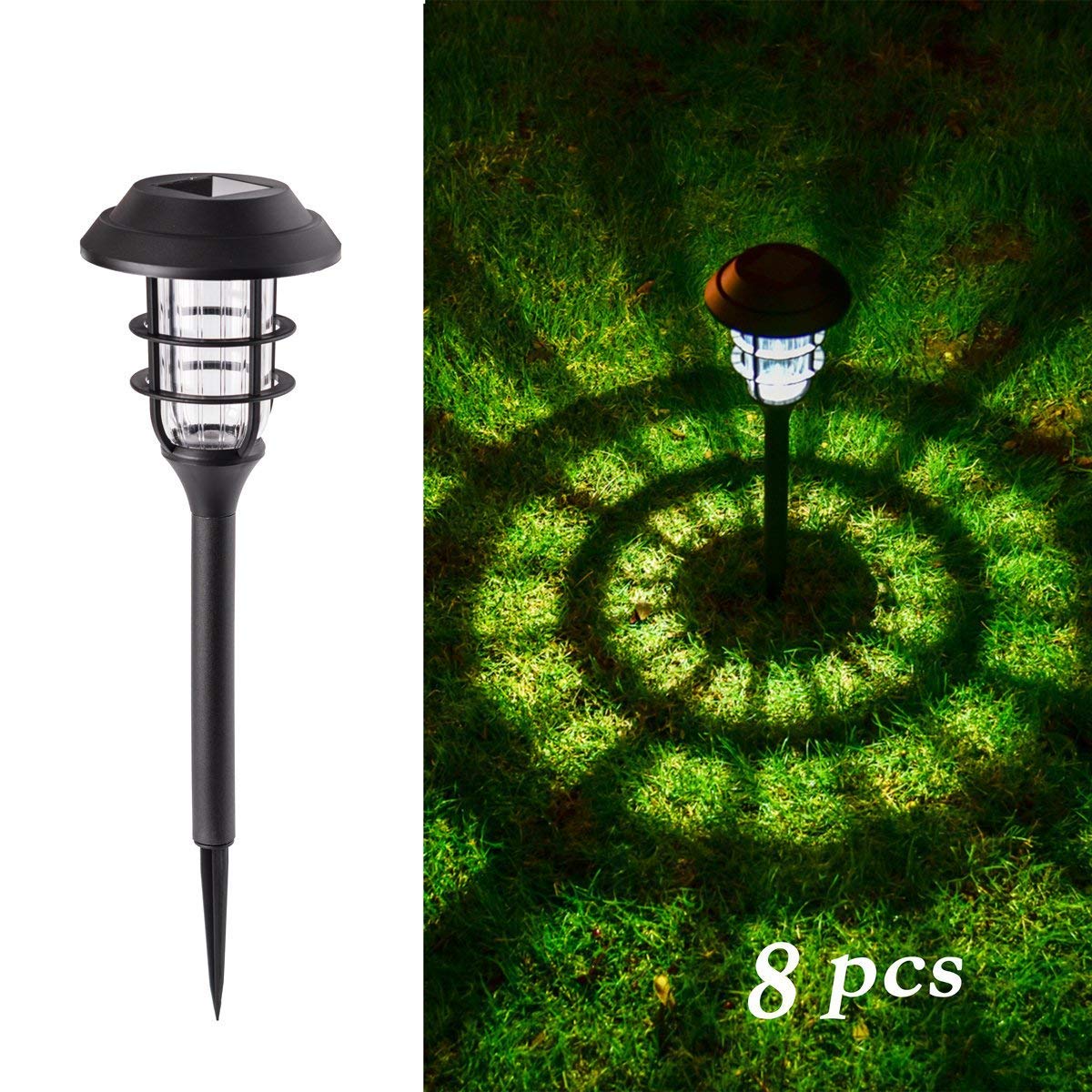 GIGALUMI Paquete de 8 luces solares de camino para exteriores, luces de jardín alimentadas por energía solar, luces de camino LED impermeables para patio, césped, patio y paisaje (blanco frío)