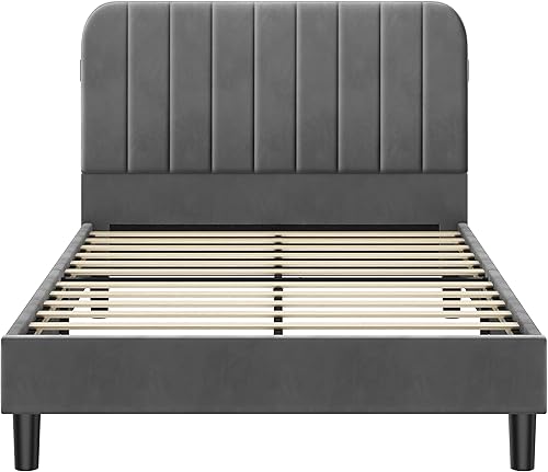 Miniatura 3 de Topeakmart Marco de cama tapizado de terciopelo completo con 2 estaciones de carga USB integradas, cabecera capitonada de canal, base de colchón,