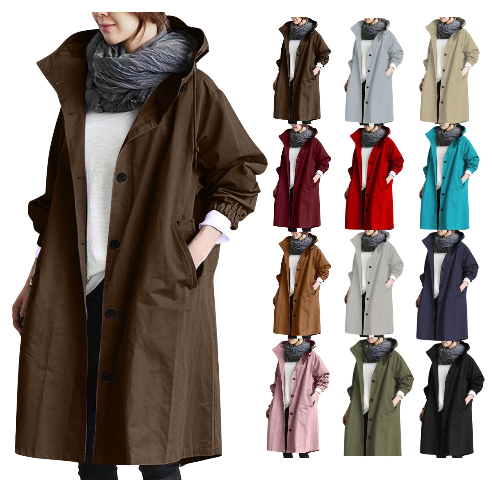 Trenchcoat Damen Kapuzenjacke Lang Mantel Elegante Windjacke Oversize Wintermantel Große Größe Retro Mode Streetwear Business Arbeitsjacke Dünne Übergangsjacke Vintage Klassisch Parka Jacke mit Kapuze