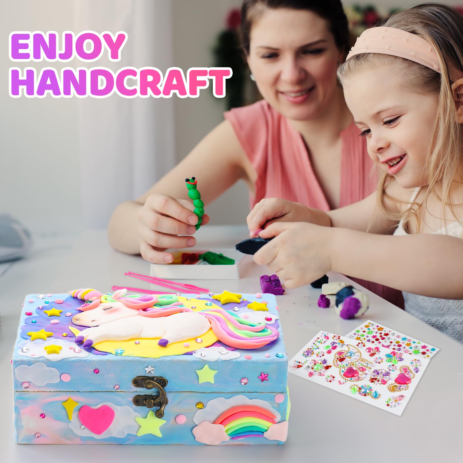 Set Creativo Fai Da Te Per Bambini – Forziere In Legno Con 24 Colori Di Pasta Modellabile, Pietre Preziose E Utensili – Regalo 6-12 Anni - 3