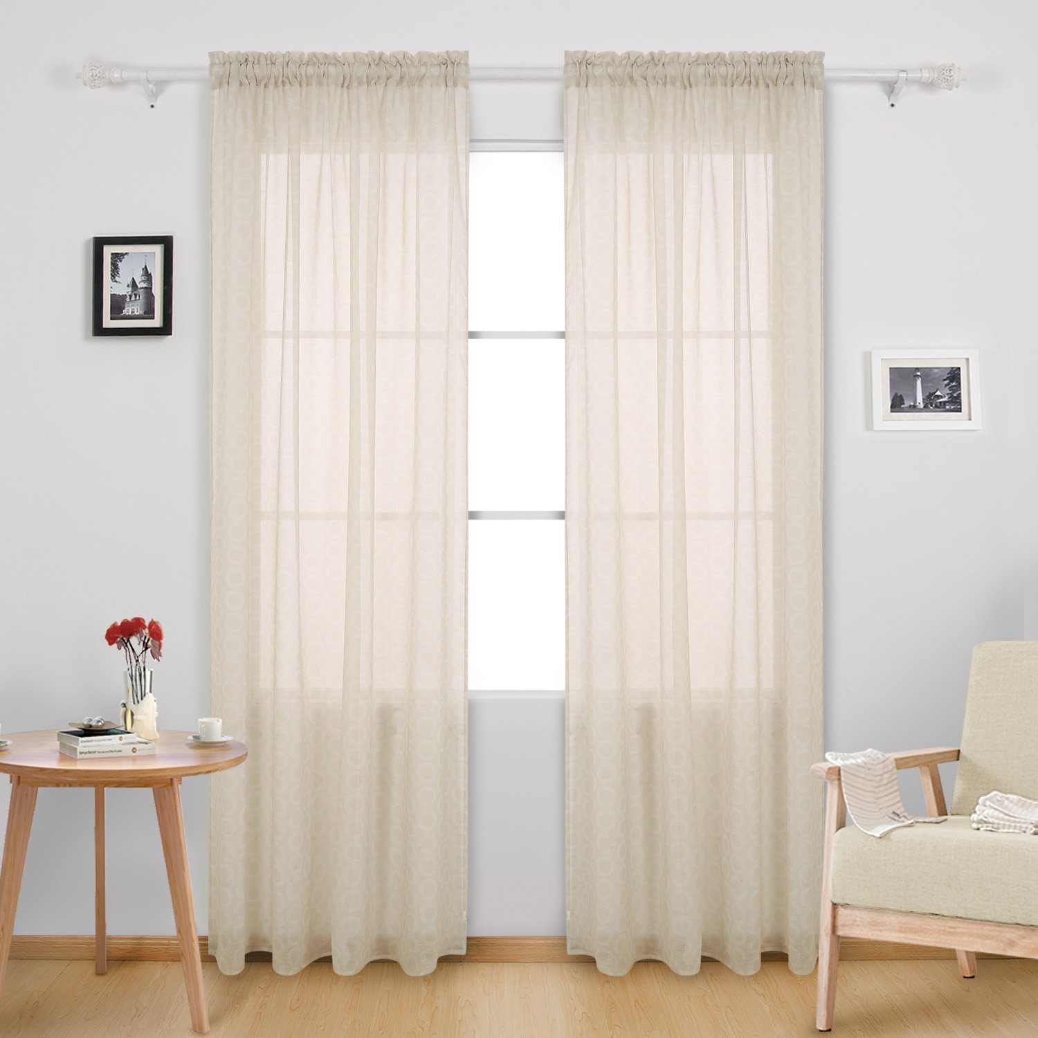 Deconovo Curtains Rod Pocket Drapes Circle Printed Sheer for Kitchen, 42x84, Beige