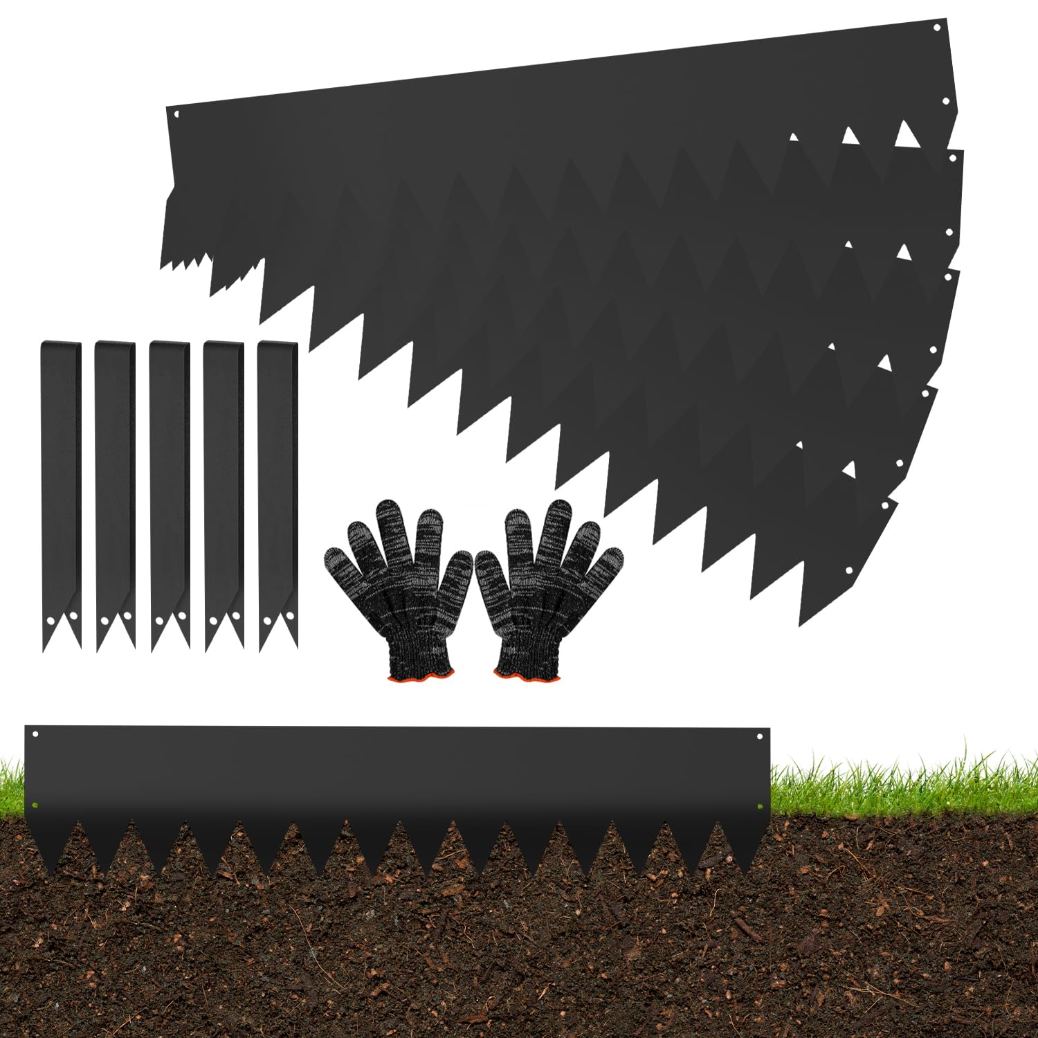 Rasenkanten, 100x20cm Rasenkante Metall scharfen Sägezähnen, Flexible Beeteinfassung Mähkant Palisade mit Clips und Handschuhe, für Gärten Wege, Schwarz (Länge 10m - Höhe 20cm)