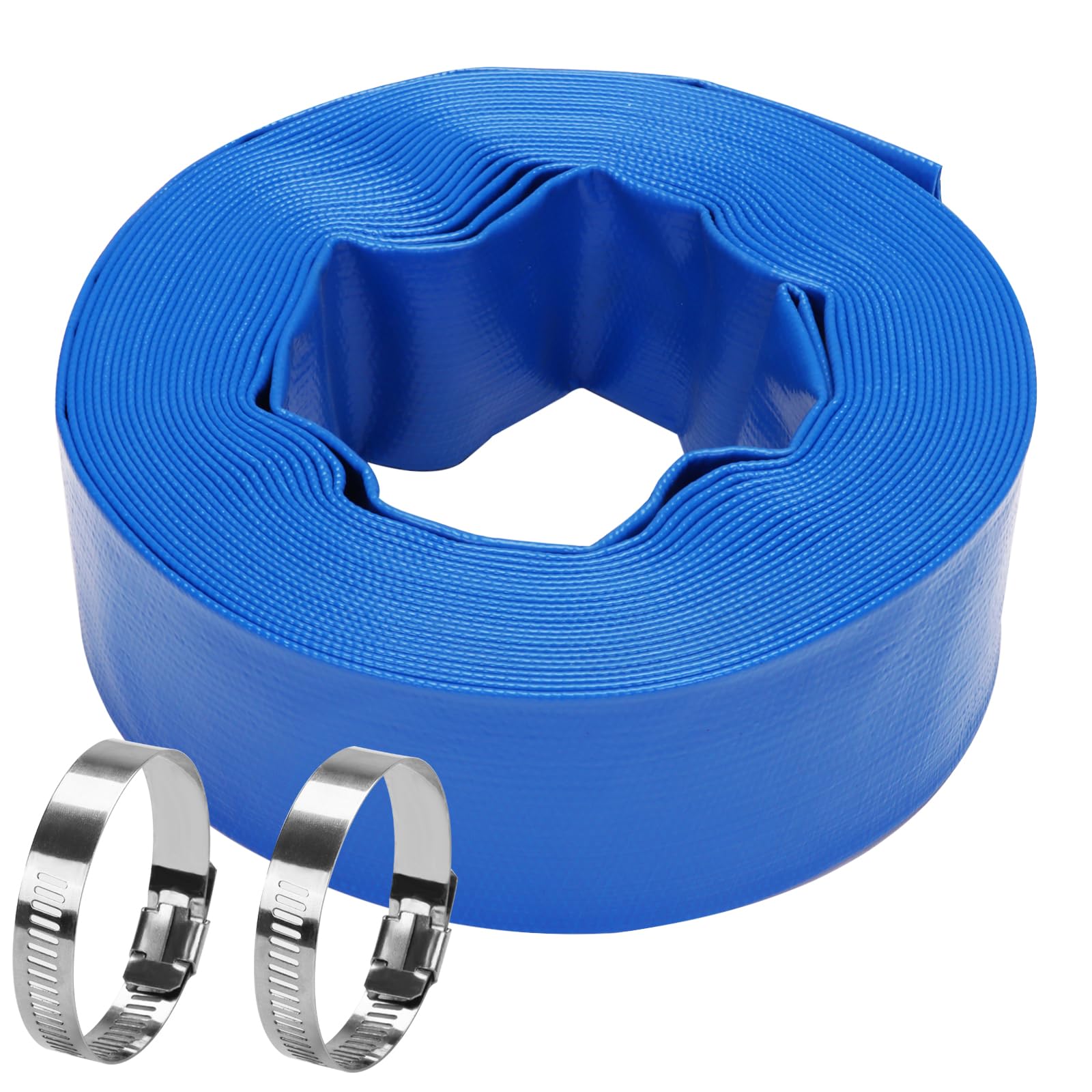 Lay-Flat - Manguera de descarga de PVC reforzada de 2 pulgadas x 50 pies, manguera de drenaje de piscina de vinilo resistente a la intemperie para transferencia de agua con 2 abrazaderas