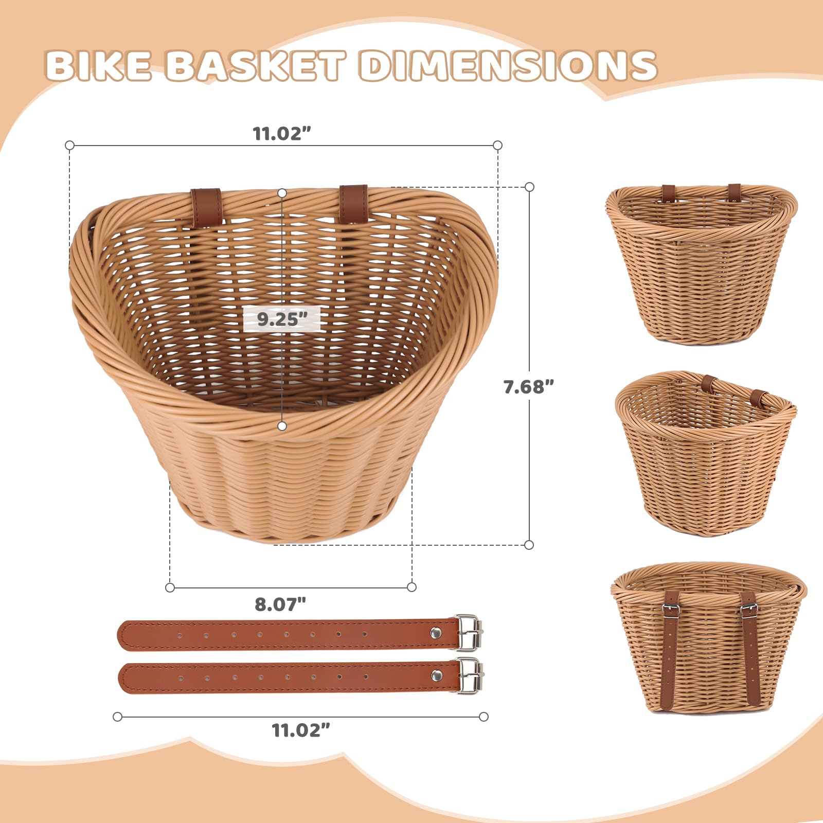 ZUKKA Woven Bike Basket Elegant Semicircle Korb für Erwachsene Fahrräder Frontlenker mit verstellbaren Lederriemen Wasserdicht Lagerung Fahrradkorb- 11.02 x 9.25 x 7.68 Zoll,Multi-Colors