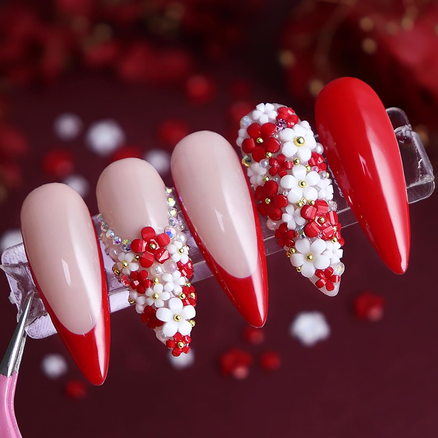 400Pcs Red Mixed 3D Flower Nail Charms for Nail Art, Cute Colorful Acrylic Flowers Nail Charms with Gold & Silver Caviar Beads for Women Manicure DIY Decorations