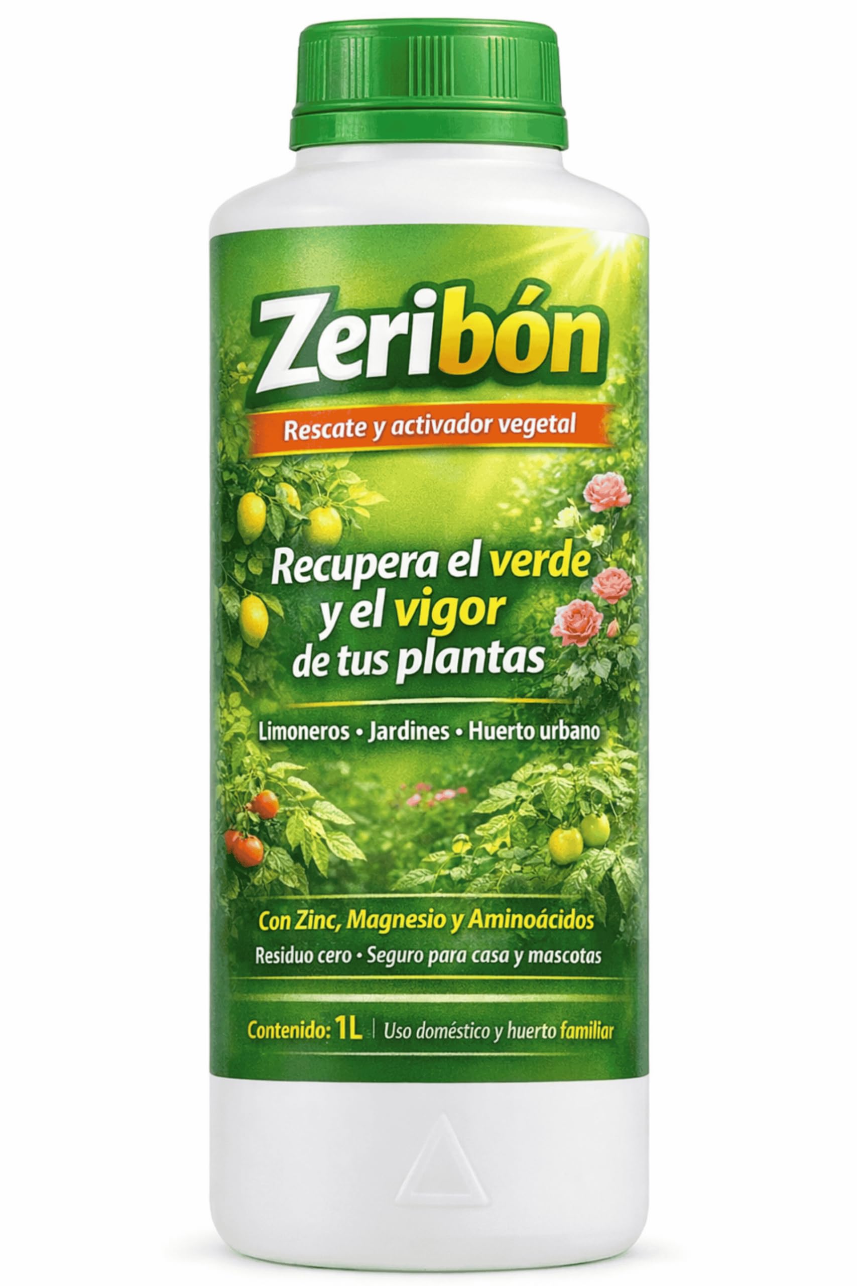 Zeribon 1L – Activador nutricional para plantas debilitadas | Recupera color y vigor en limoneros, rosales y huerto | Con Zinc, Magnesio y Aminoácidos | Uso doméstico seguro