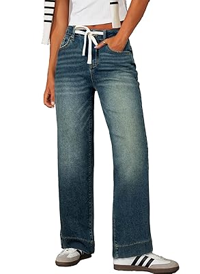 Sidefeel Women's Wide Leg Jeans High Waisted Stretchy Straight Leg Baggy Drawstring Zimbaplatinum Denim Pants