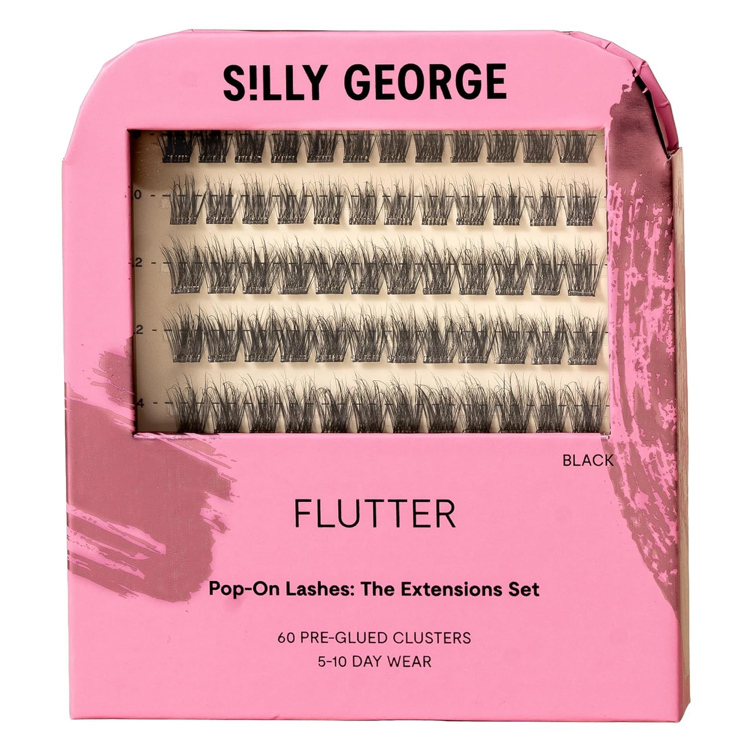Silly George Pop-On Lashes - DIY 1-Step Pre-Glued Faux Eyelash Clusters, Natural Look Extensions, Black - Flutter, 5-7 Pair Set, Pack of 60 Clusters