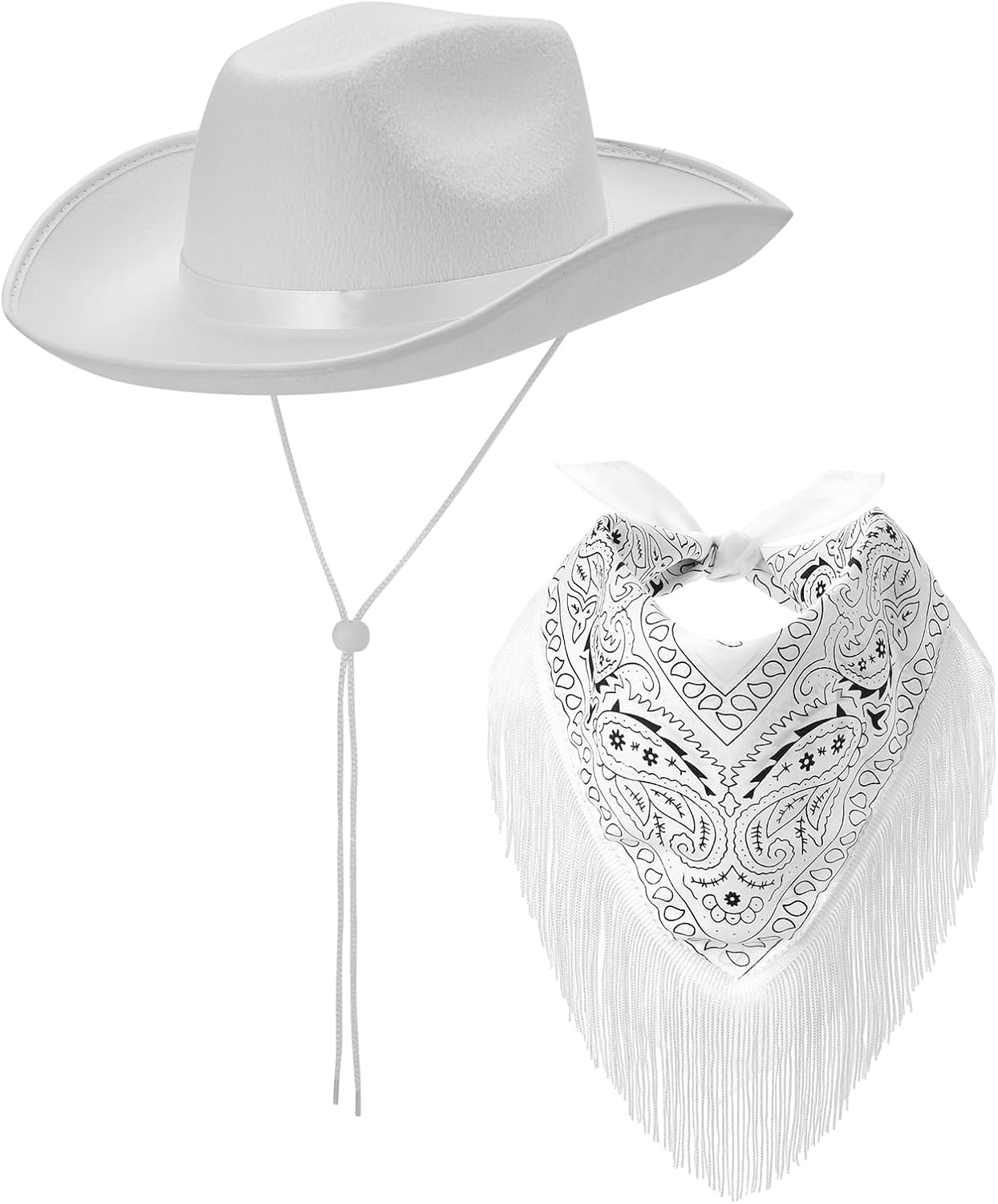 Western Cowboy Hat and Bandana Set Wide Brim with Sequins Cowgirl Hats & Tassel Scarf for Cosplay Party Dress Up